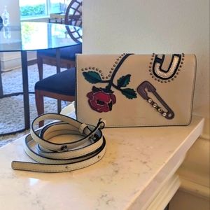 Marc Jacobs light gray  crossbody/clutch/ wallet, with rose & safety pin detail